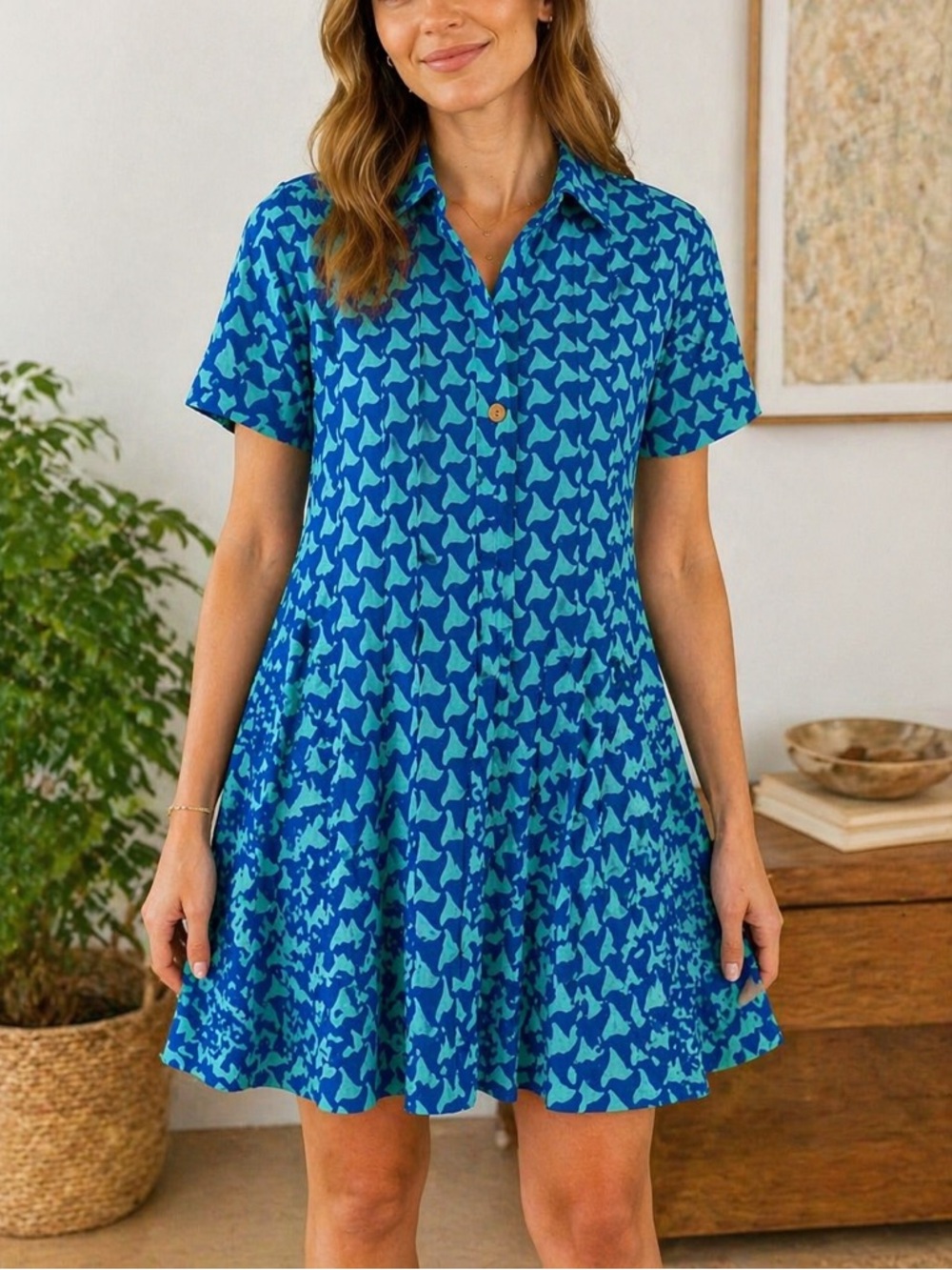Uncle Frank Blue Aqua Printed Cotton Collared Pleated Mini Dress XS
